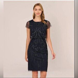 Adrianna Pappell Blue Beaded Sheath Cocktail Dress Size 12 New